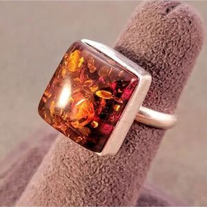 Vintage Sterling Baltic Amber Cab Rectangle Statement Ring Sz 6
